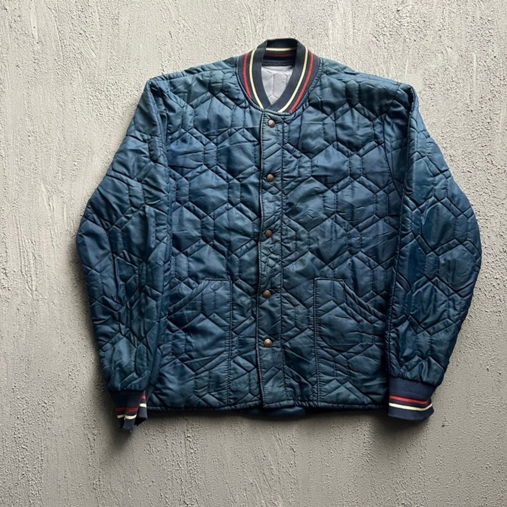 Vintage Sears Quilted Bomber Jacket Medium Blue 1970s Geometric Puffer